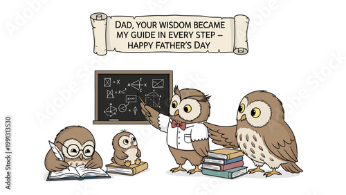 Father's Day Wisdom: A heartwarming illustration depicts a wise owl, the family patriarch, imparting knowledge to his owl offspring, symbolizing guidance and the passing down of wisdom. 