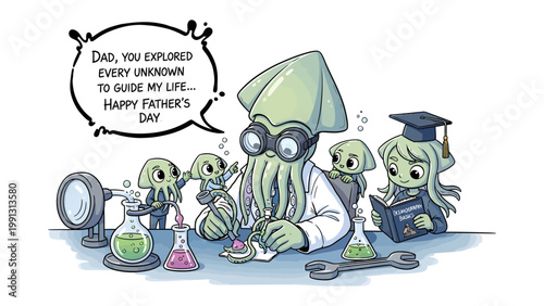 Father's Day Dedication: A whimsical illustration depicts a squid scientist surrounded by his offspring in a laboratory setting, celebrating Father's Day.