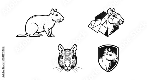 Diverse Rat Illustrations - Line Art, Geometric, Frontal, and Shielded Designs.