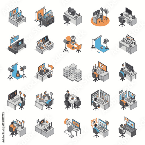 Isometric illustrations of creative workstations and office setups with computers and photography equipment.