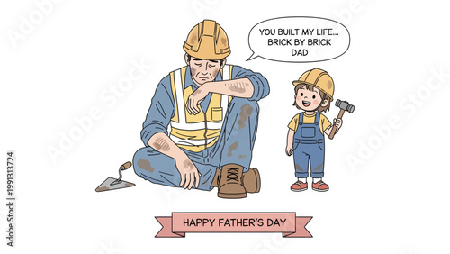 Father's Day: A tender scene depicts a construction worker and his child, embodying the bonds of Father's Day, symbolizing support and love.