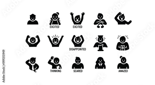 A collection of silhouette human expressions depicting various emotions on a white background