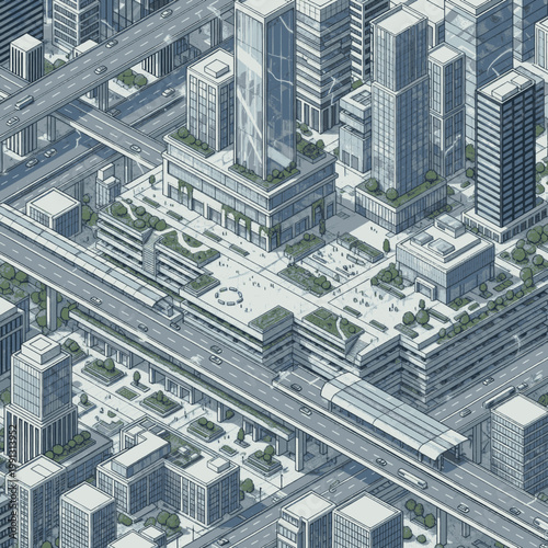 Isometric view of a modern city with skyscrapers, elevated highways, and green spaces.