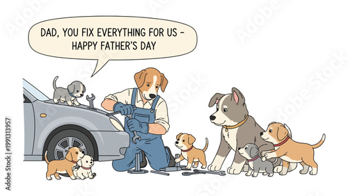 Father's Day Scene: A heart-warming illustration of a canine father figure diligently repairing a vehicle while surrounded by his admiring puppies, a visual ode to a father's unwavering dedication.