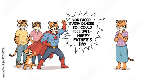 Superhero Tiger's Father's Day: A heartwarming cartoon illustration depicts a tiger superhero celebrating Father's Day with his family, emphasizing safety and care.