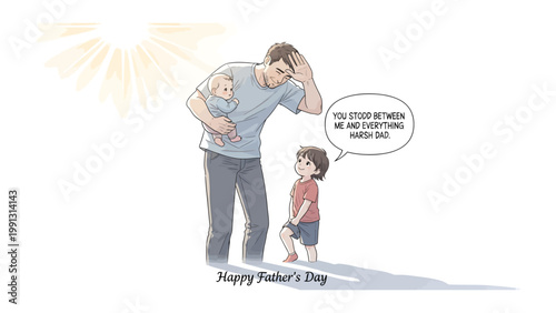 Fatherhood Dilemma: A poignant illustration captures a father grappling with the demands of parenthood, sandwiched between his young children. Expressing the everyday struggles.