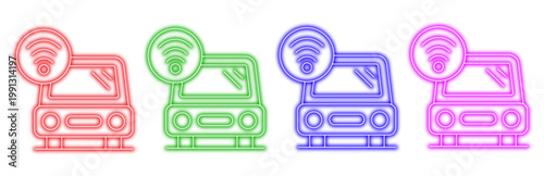 Set of colorful neon icons representing smart car connected vehicle technology with wireless signal symbol for modern transportation and internet of things digital concepts.