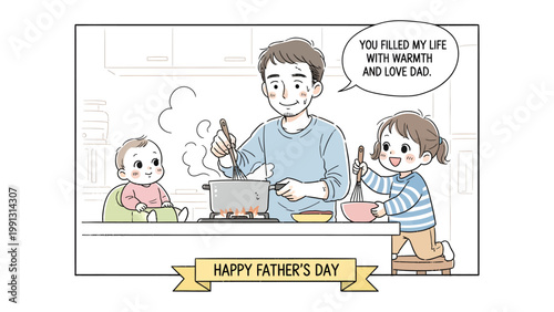 Father's Day Feast: A heartwarming scene unfolds in the kitchen, a loving father prepares a meal with the help of his two children. It's a day of familial bonding and culinary creation. 