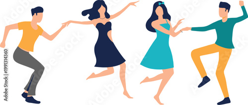 Four people dancing together in a lively and carefree atmosphere with colorful clothing