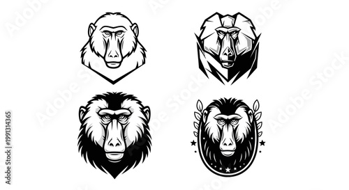 Four Baboon Head Illustrations in Black and White.