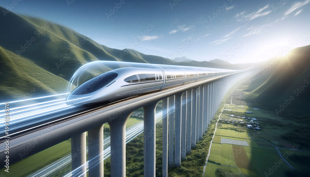Fototapeta premium A high-speed Vacuum Tube Train shooting through a transparent tube across a panoramic landscape, Ai generated image