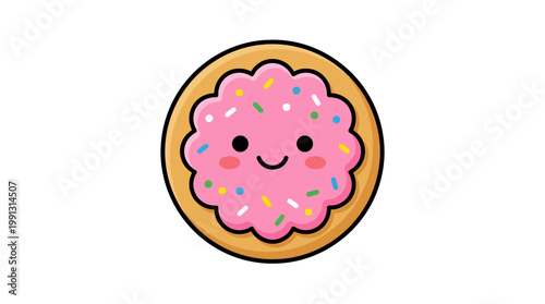Smiling pink frosted donut with sprinkles.