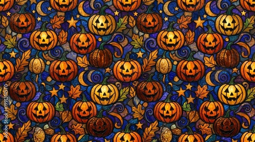seamless halloween pumpkin stained glass textured background