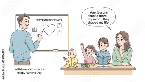 Family Love and Lessons: A tender moment unfolds in a classroom, with a caring educator teaching about the importance of love, surrounded by attentive children, celebrating father's day.