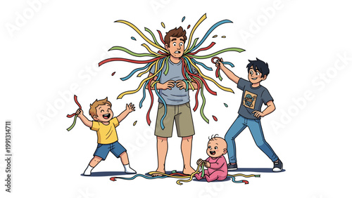 Tangled Chaos of Playtime: A father stands amidst a whirlwind of colorful ribbons, entangled and playfully embraced by his three children, portraying the exuberant energy of family fun.