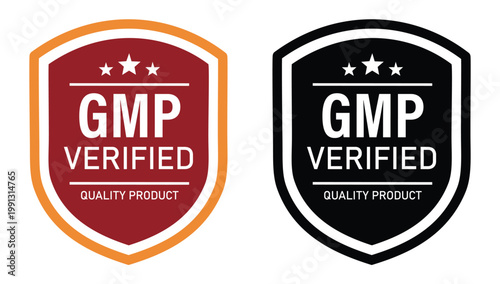 GMP Verified Quality Product Seal Set in Shield Icons with Stars for Manufacturing Standards and Compliance Certification Illustration