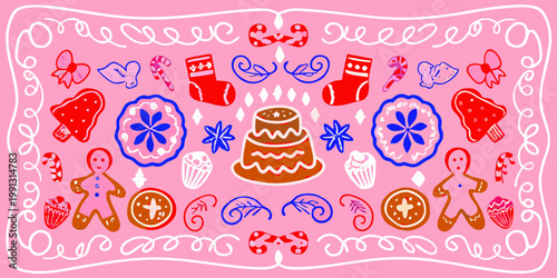 Festive christmas treats and decorations on a pink background