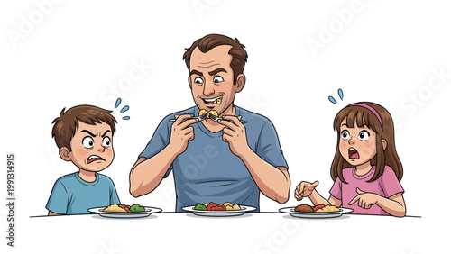 Family Mealtime Drama: A father enjoys his food while the children express emotions, creating a lighthearted family meal scene.