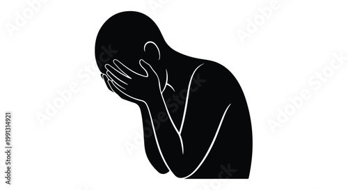 A silhouette of a person covering their face with one hand, conveying a silhouette human expression against a clean white background