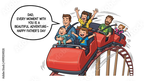 Family Fun Ride: A father and his children embark on a thrilling roller coaster adventure, filled with laughter and excitement. A perfect Father's Day greeting.