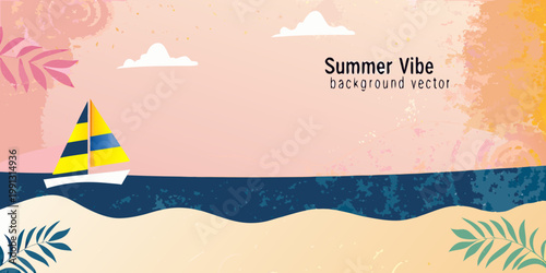 Colorful summer scene with a sailboat waves and a vibrant sky