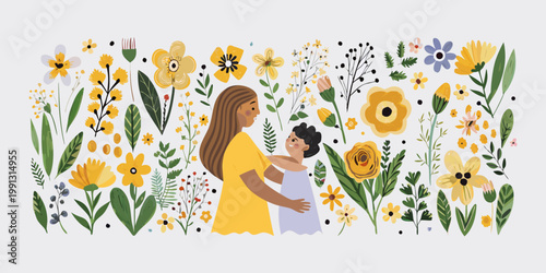 Canvastavla A mother and child stand amidst a vibrant colorful garden of flowers