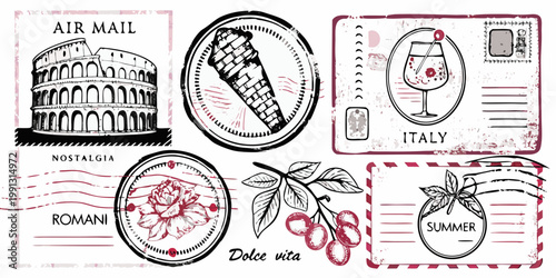 Vintage style postcard collection featuring italian landmarks and summer motifs