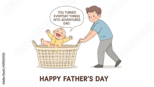 Father's Day Adventure: A heartwarming cartoon illustration celebrating the special bond between a father and child. Depicting a father pushing a basket, turning daily moments into joyous escapades. 