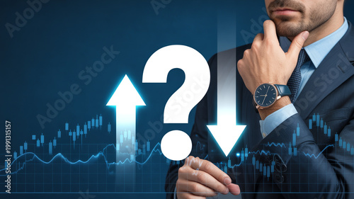 Businessman ponders financial market direction with up and down arrows and a prominent question mark