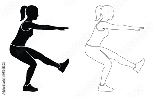 Athletic Woman Black Silhouette and Outline Set Performing Pistol Squat Exercise for Leg Strength, Balance, and Fitness Training Illustration