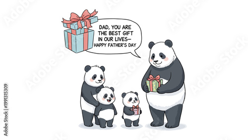 Father's Day Pandas: A heartwarming cartoon illustrates a panda family celebrating fatherhood with gifts and a loving message, symbolizing the importance of family and appreciation.