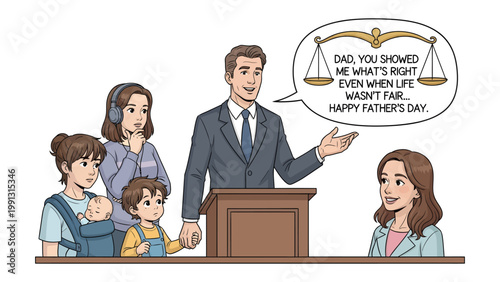 Father's Day Speech: A touching Father's Day scene with a father giving a speech, surrounded by family, with a balance scale symbol, reflecting on life's fairness and justice.