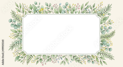 Watercolor floral frame with green leaves and delicate flowers on a beige background, empty space for text