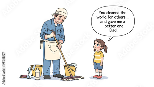 A Dad’s World: A touching moment of a young girl admiring her father's act of service, recognizing his efforts to make the world a better place for others, embodying the values of care and sacrifice.