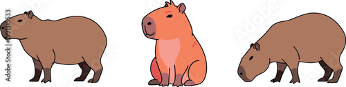 Simple capybara cartoon set with different poses cute flat style animal characters friendly wildlife illustration isolated on white background