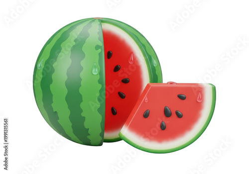 3d icon of a 3d cartoon illustration of a sliced watermelon with a slice next to it, isolated on transparent background