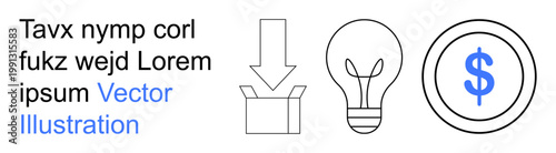 Technology, business, innovation, online transactions, creativity, download processes. Outlined icons of a downward arrow into a box, a light bulb and a dollar coin. Technology and business