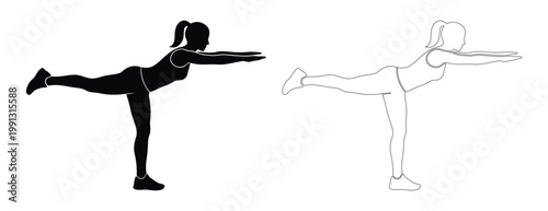 Black Silhouette and Outline Set of Athletic Woman Performing Warrior III Yoga Pose or Single Leg Balance for Core Stability and Fitness Training Illustration
