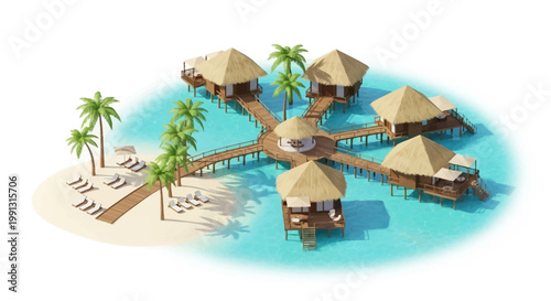 Overhead perspective shows a group of bungalows constructed on stilts above the turquoise water connected by boardwalks, with palm trees and lounge chairs on the white sandy beach