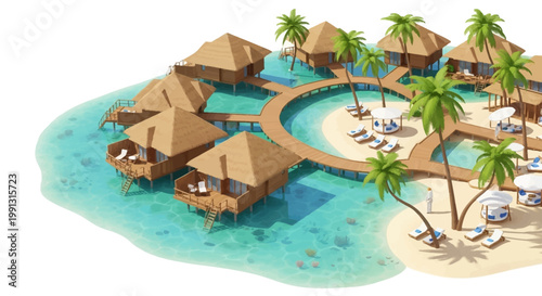 Aerial vector illustration features island bungalows connected by wooden walkways, arranged in a circular pattern, surrounded by turquoise water with palm trees, under bright lighting