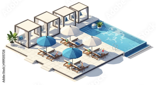 Isometric vector illustration showcases a luxury resort pool area with cabanas, sunbeds under umbrellas, and a clear blue swimming pool, rendered in a bright and inviting style