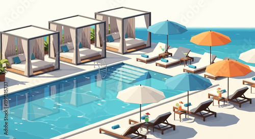 Overhead perspective reveals a serene resort pool area with cabanas and lounge chairs arranged along the turquoise water, featuring a clean, vector-style illustration with bright, summery