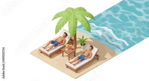 Isometric illustration depicts two men relaxing on lounge chairs under a palm tree on a sandy beach next to blue water, presented with a bright, summery color palette conveying a tranquil