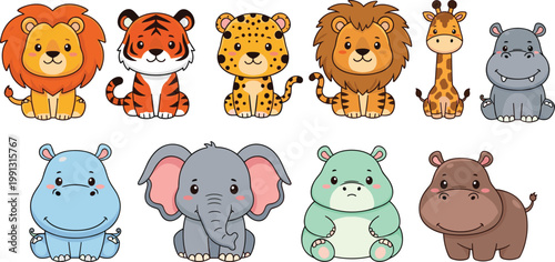Photography Cute safari animals cartoon set with lion tiger leopard giraffe elephant hippopo