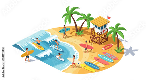 Isometric illustration showcasing surfers riding waves and walking on a sandy beach near a lifeguard tower, rendered with bright, cheerful colors and tropical palm trees in the background