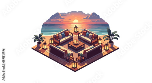 Isometric illustration of a secluded outdoor lounge area arranged with sofas around a fire pit and illuminated by lanterns against a serene beach sunset backdrop, creating a warm