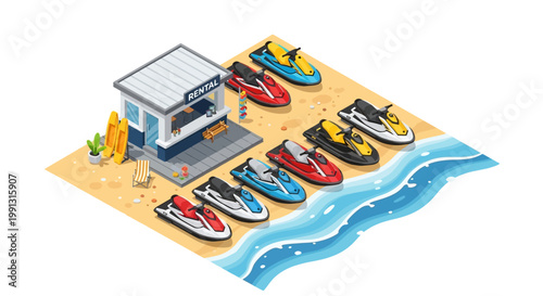 Isometric illustration of a beachside rental shop with various jet skis parked on the sand near the water's edge, showcasing a bright and inviting color palette under a sunny sky