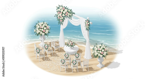A vibrant vector illustration depicts a wedding setup with white chairs and floral arrangements under a draped archway on a sandy beach, rendered with bright, cheerful colors