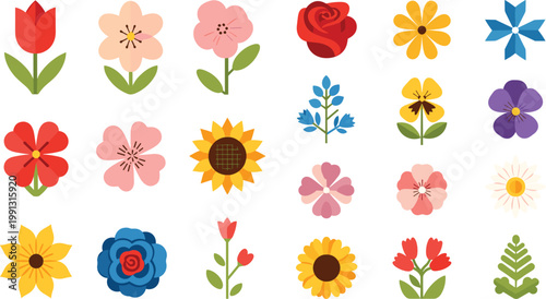 Colorful flower icon set with various floral shapes spring nature decorative elements vector illustration collection flat