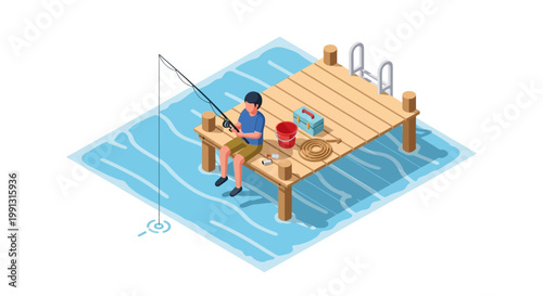 Isometric illustration of a young man fishing from a wooden dock, with a fishing rod extended over the water, a tackle box, and a bucket beside him, set against a clean white background